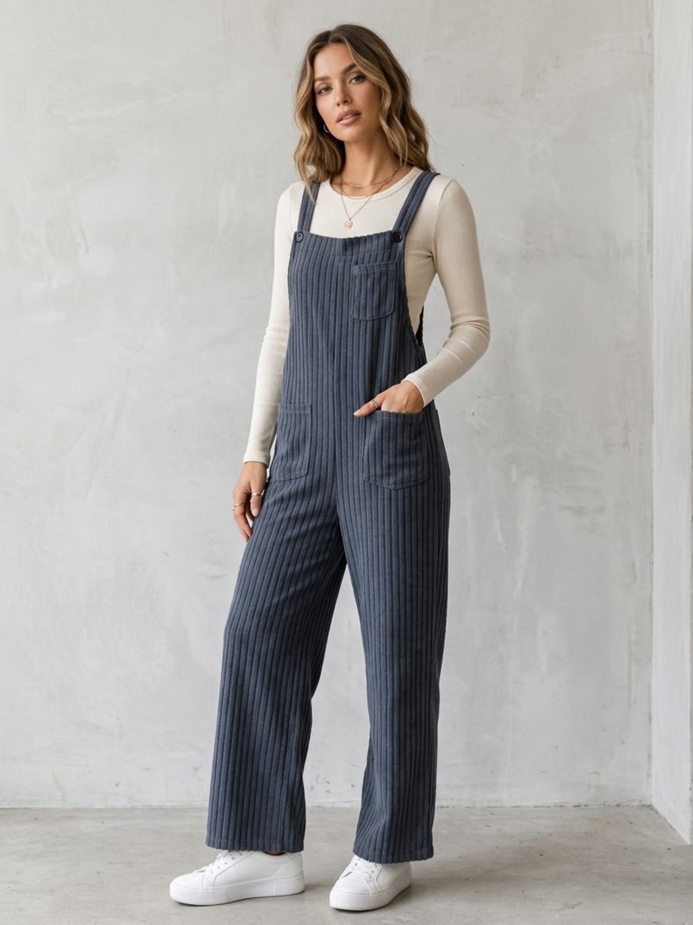 HALARA Ribbed Wide-Leg Overalls in Charcoal Gray